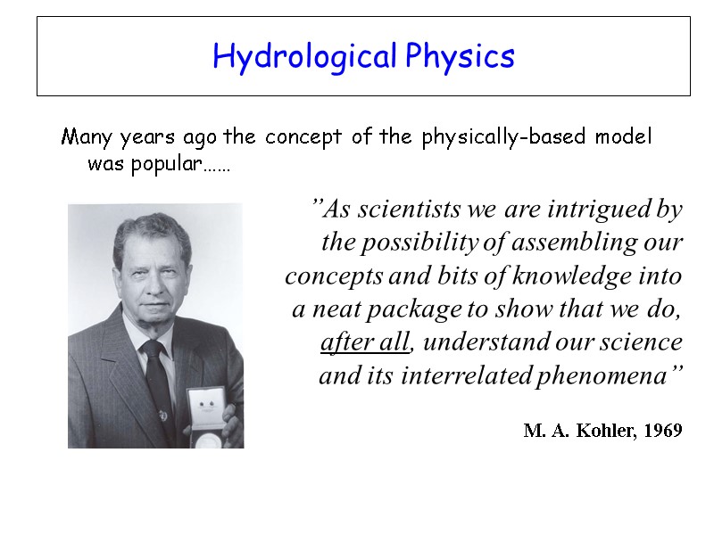 Hydrological Physics Many years ago the concept of the physically-based model was popular…… 